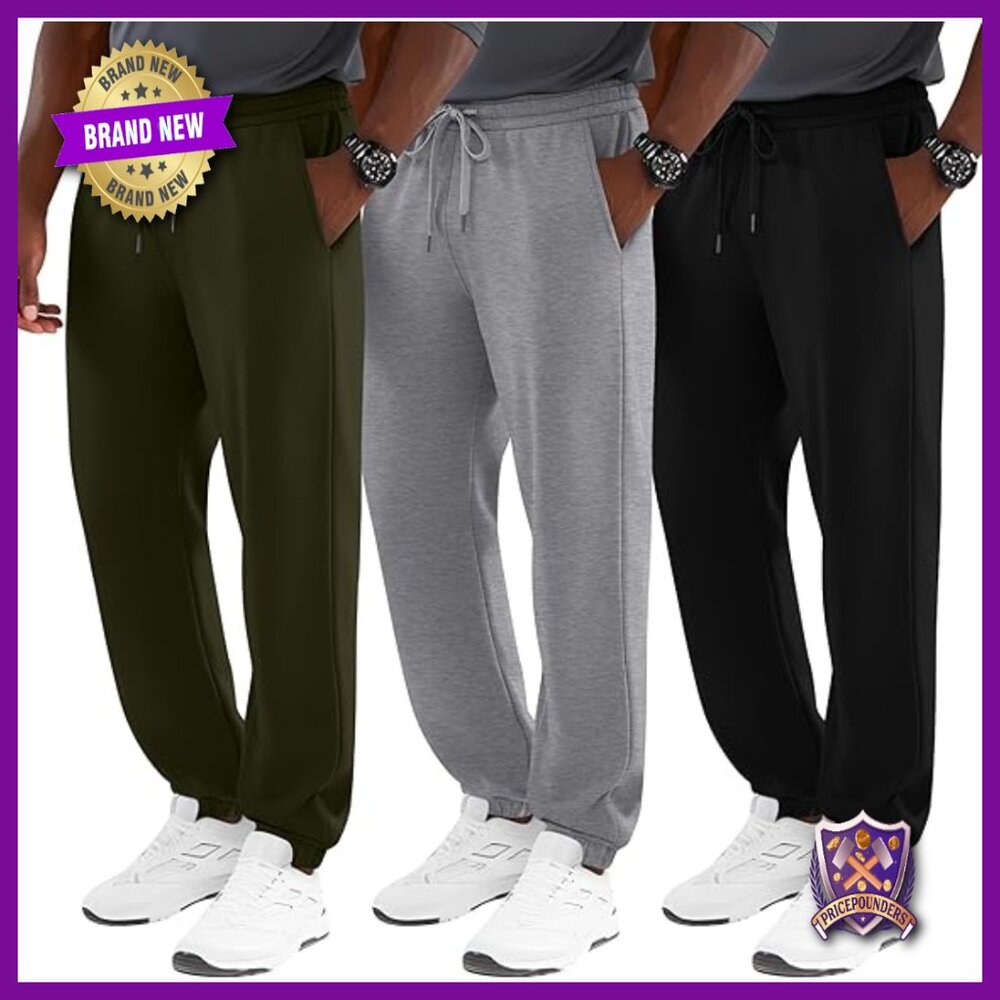 3 Pack Men's Big Tall Joggers Sweatpants Gym Workout Lounge Pants with Pockets